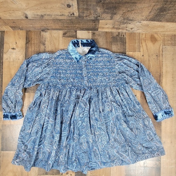Free People Xs Paisley Print Smocked Velvet Collar Long Sleeve Mini Dress